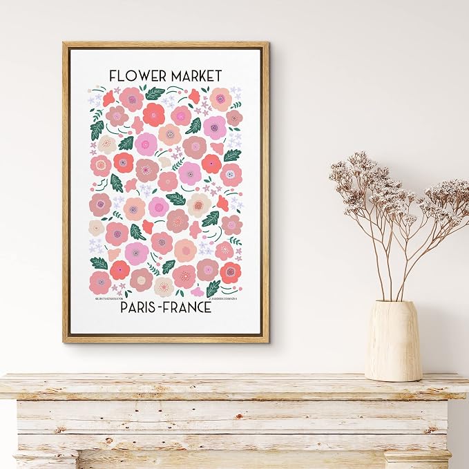 MUDECOR Framed Canvas Print Wall Art Paris France Pink, Red & Green Flower Market Floral Nature Illustrations Modern Art Chic Colorful Ultra for Living Room, Bedroom, Office - 16"x24" Natural