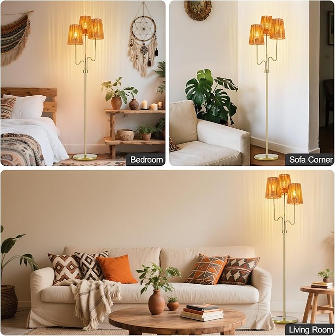 MAYNA Bohemian Floor Lamp, 68 in. Rattan Floor Lamp with Rattan Shade, 3-Light Tree-Shaped Stand Lamp for Bedroom, Nursery, E26 Socket, Living Room(Gold)