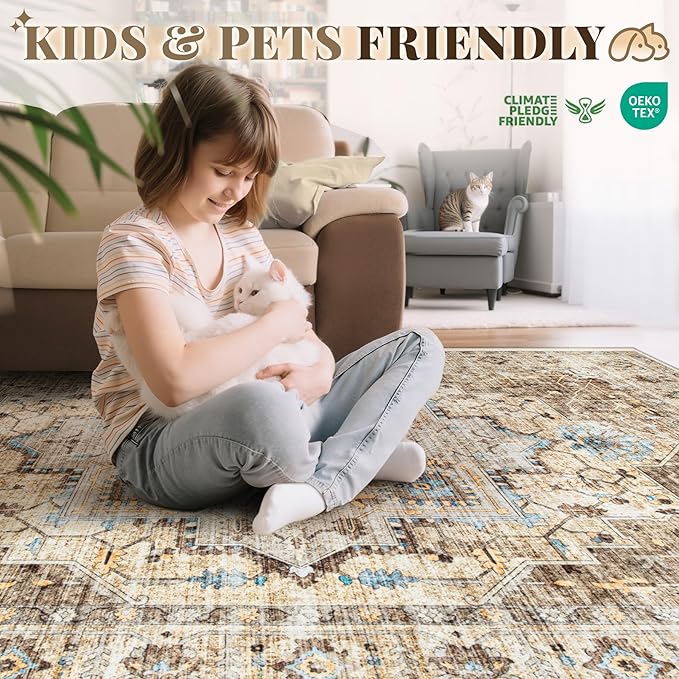 Area Rug 5x7 Vintage Rug: Washable Indoor Medallion Rugs Low Pile Distressed Floor Carpet Retro Accent Rug for Living Room Bedroom Kitchen Dining Table Home Office(Brown/Blue, 5'x7')