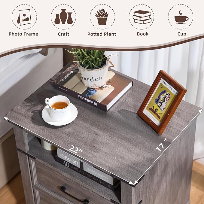 22" Nightstand, 2PCS Farmhouse Nightstand with 2 Drawers,Industrial Bedside Table with Open Shelf for Bedroom Living Room,Office Bed Side Tables Couch End Table,Grey