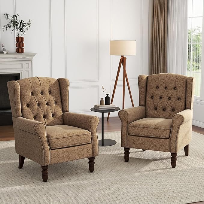High Back Accent Chairs Set of 2, Fabric Upholstered Armchair Retro Wingback Arm Chair for Living Room, Comfy Single Sofa Bedroom Retro Reading Seat with Solid Wood Legs - Brown