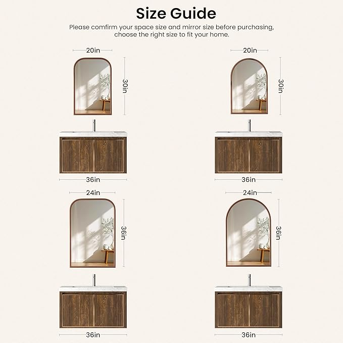 20"x30" Arch Wall Mirror for Wall, Wall Mounted Vanity Mirror for Bedroom, Wood Grain Finish Frame Mirror with Tempered Glass, Vintage Decorative for Bathroom, Entryway, Living Room, Walnut