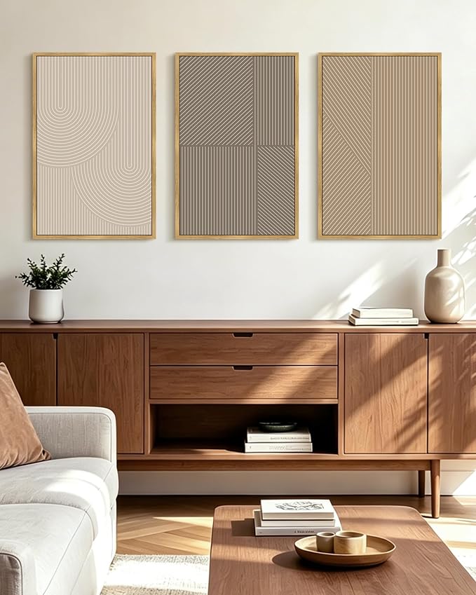 KUVIOKE Minimalist Abstract Bohemian Framed Wall Art Modern Boho Neutral Line Wall Decor Geometric Artwork Bedroom Dining Room 16x24in (Natural Framed)