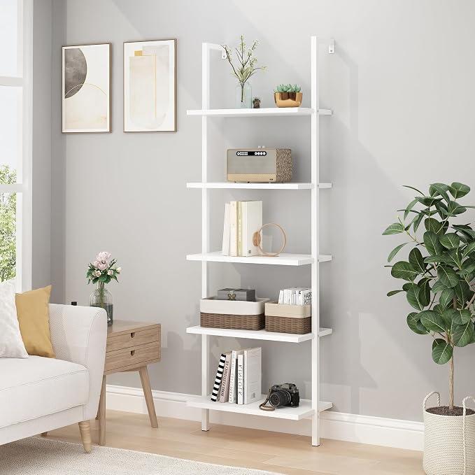 Karl home Ladder Shelf 5 Tier Wall Mounted Bookcase with Metal Frame, Open Design Shelves for Living Room, Bedroom, Home, Office, White (23.62" L x 11.81" W x 70.87" H)