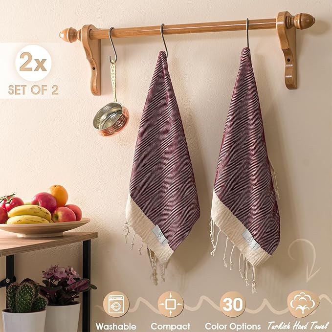 Hand Towels - Set of 2 | 18" x 30" - Decorative Turkish Hand Towel for Bathroom, Kitchen, Guest, Face, Hair, Tea, Dishcloth (Herringbone, Claret Red)