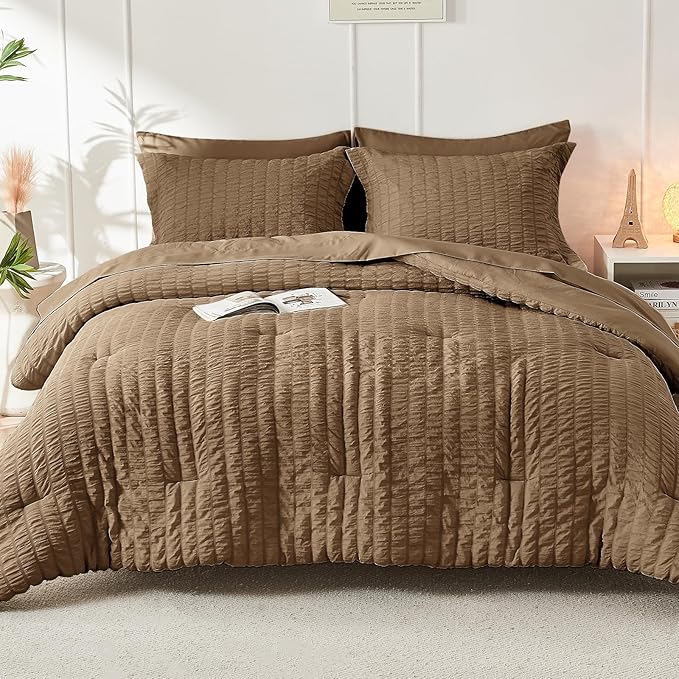 HYMOKEGE Brown Twin Comforter Set Seersucker 5 Pieces, All Season Luxury Bed in a Bag for Bedroom, Bedding Set with Comforter, Sheets, Pillowcase & Sham
