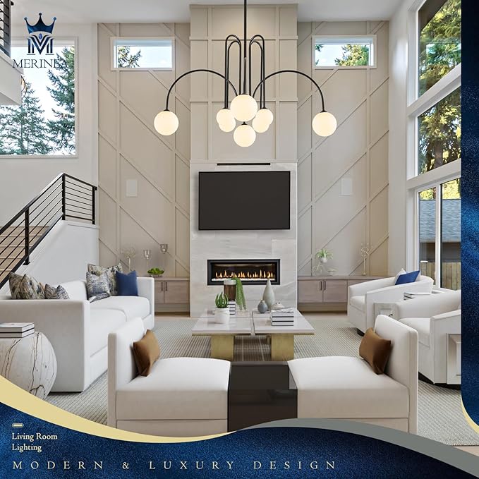 Modern Sputnik Chandelier 8 Lights Large Luxury L41” Mid Century Milk Glass Globe Ceiling Pendant Light Fixture Black Chandeliers for Foyer Staircase Living Dining Room Kitchen