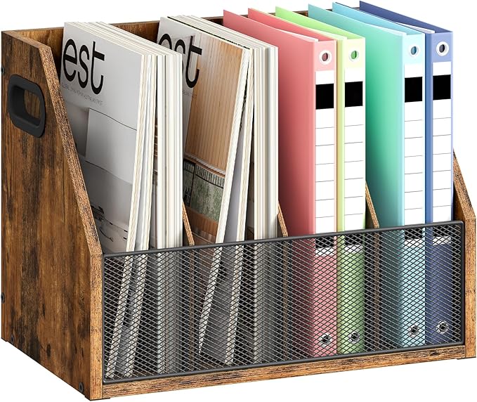 CHOEZON Wooden Desktop File Organizer with Removable Dividers, Mesh Front Panel for Paper, Mail, Magazine, Home Office Desk Storage, Easy Assembly, Rustic Brown MWJ06FG