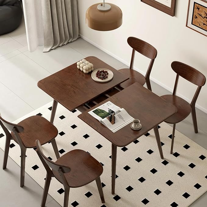 39’’-55’’ 100% Oak Extendable Dining Table, Solid Wood Folding Kitchen Table, Mid Century Modern Dinner Table for Kitchen, Apartment, Living Room (39''-55'' Walnut)