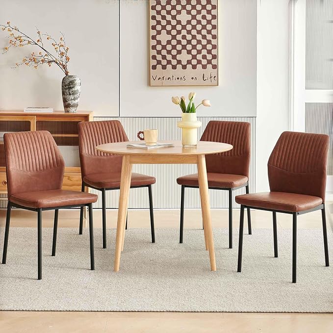 Small Dining Table Set for 4, Modern Round Dining Table with 4 PU Leather Dining Chairs in Metal Legs, Breakfast Nook for Compact Spaces, Brown