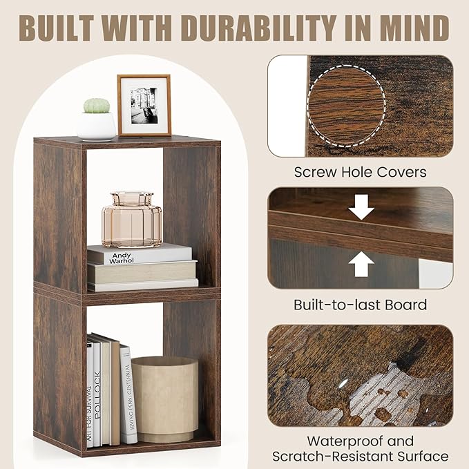 2 Stackable Cubes Bookcase, Wooden Cubby Storage Organizer with Anti-Tipping Device, Small Book Shelf for Small Space, Combination Square Bookshelf Cubes (2, Rustic Brown)