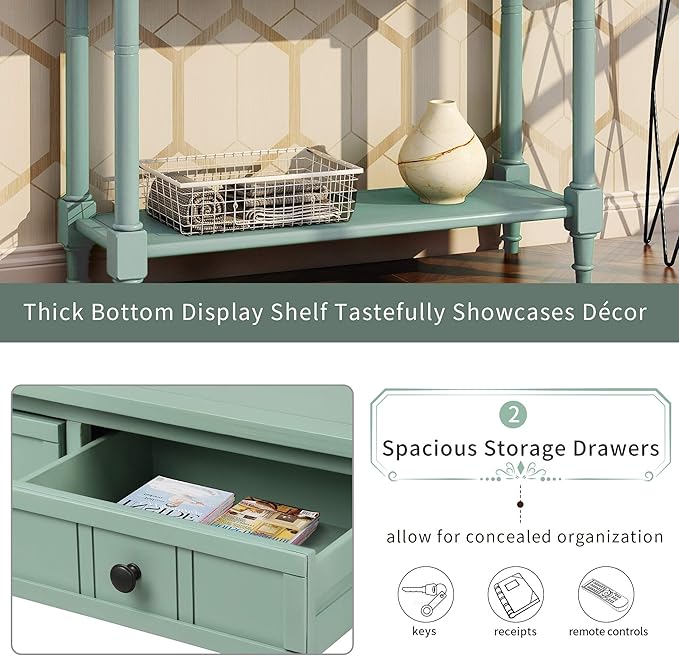 35.43” Console Table with Drawers & Bottom Open Shelf, Rustic Entryway Table with Storage, Retro Blue