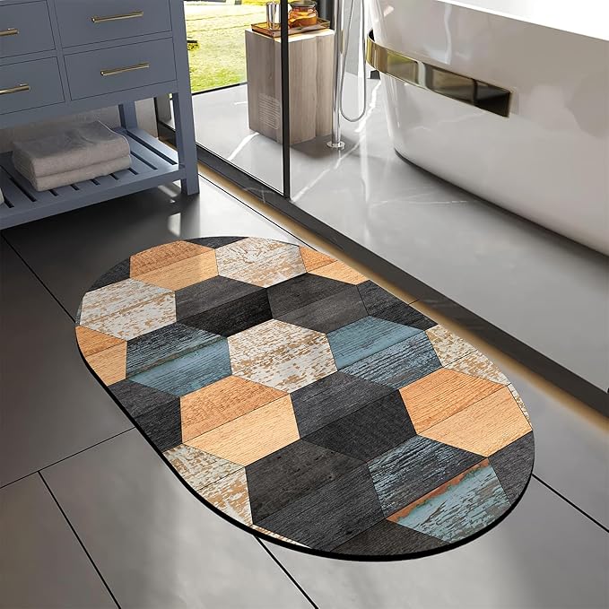Bathroom Rug Mat Colorful Weathered Hexagonal Wood Oval Bath Mat Doormat Absorbent Quick Dry Non Slip Diatom Mud Mat for Shower Tub Sink Laundry Kitchen Doorway 23.6x15.7 Inches