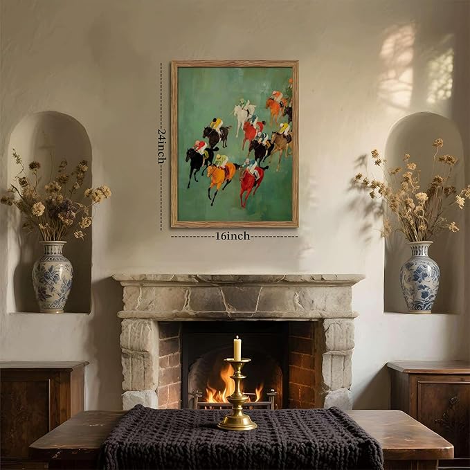 Framed Vintage Abstract Wall Art, Retro Horse Racing Scene Poster Prints, Modern Classic Equestrian Canvas Artwork, Energetic Vibrant Sports Wall Decor for Living Room Office Game Room 16x24in
