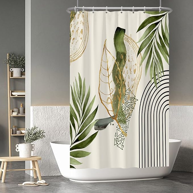 Baocicco Boho Shower Curtain Green Gold Leaves Modern Abstract Geometric Minimalist Shower Curtains Decorative for Bathroom Waterproof Fabric Shower Curtain with Hooks 48x72 Inches