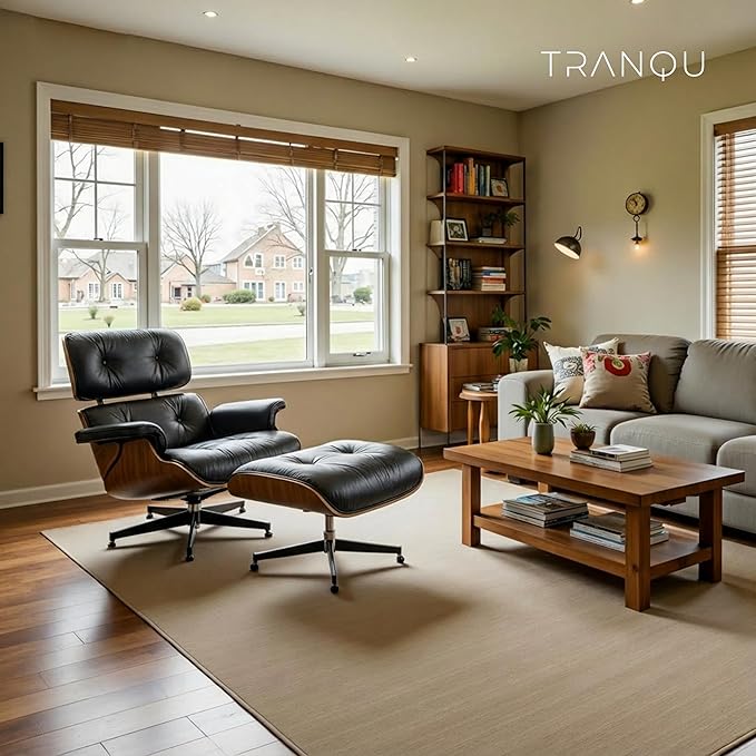 Mid-Century Genuine Top Grain Leather Chaise Lounge Chair & Ottoman, Walnut Wood Base, Modern Classic Design for Living Room & Office