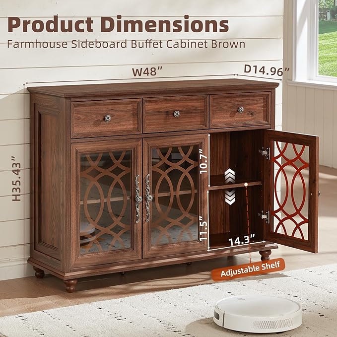 Large Sideboard Buffet Cabinet Set of 2 with Storage,48" Credenza with 3 Glass Doors & 3 Drawers,Adjustable Shelves Coffee Bar,Wood Kitchen Console Table for Dining Room,Brown