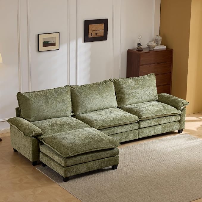 VINGLI 122" Cloud Double-Layer Deep Convertible Sectional Sofa, Comfy L-Shape 3-Seat Couches for Living Room, Modern Couch with Movable Ottoman for Small Space, Olive Green, Chenille