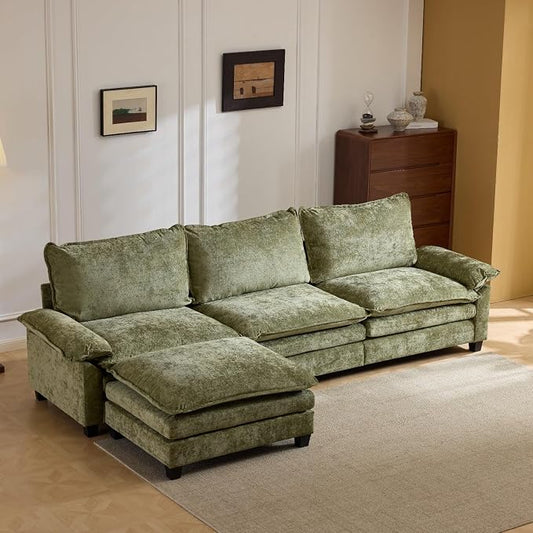 VINGLI 122" Cloud Double-Layer Deep Convertible Sectional Sofa, Comfy L-Shape 3-Seat Couches for Living Room, Modern Couch with Movable Ottoman for Small Space, Olive Green, Chenille