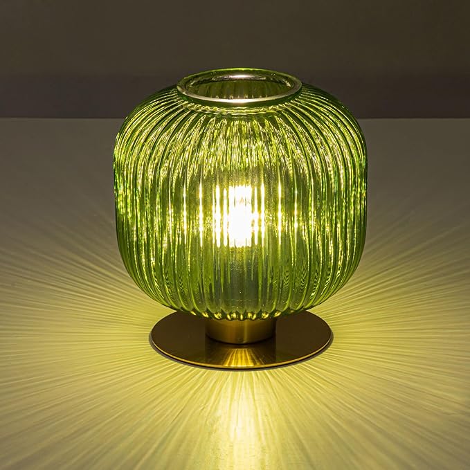 Glass Globe Table Lamp, Mid Century Modern Green Table Lamp, Vintage Gold Bedside Lamp with Ribbed Glass Shade, Cute Desk Lamp Small Decorative Lamp for Bedroom Nightstand Living Room End Table