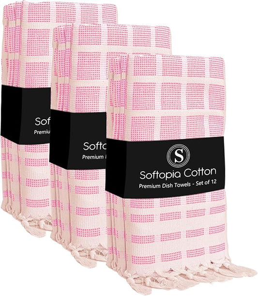 Matrix Dobby Kitchen Towels 12 Pack 100% Cotton, 16x26 Inches, Dish Towels with Knotted Tassels, Reusable and Washable Cloths for Cleaning, Drying Dishes - Rose Pink, Natural