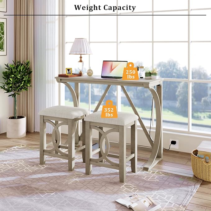VilroCaz Farmhouse 3-Piece Counter Height Dining Table Set with USB Port and 2 Upholstered Stools, Rustic Dining Set Bar Set for Dining Room Kitchen (Cream)