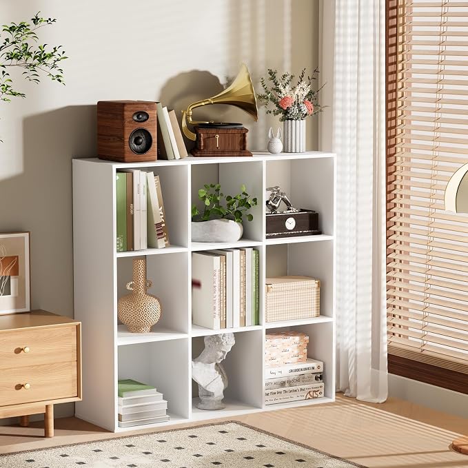 9 Cube Storage Organizer, Free Standing Display Shelf with Open Cubes, Floor Standing Book Shelf Bookcase with Storage for Home Office, Living Room, Bed Room (White, 9-Cube)