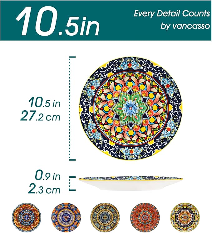 vancasso Colorful Dinner Plates Set of 6, 10.5 Inch Ceramic Kitchen Plates for Dinner, Bohemian Printed Dishes for Dining, Microwave & Dishwasher Safe Plate Set, Series KRVI