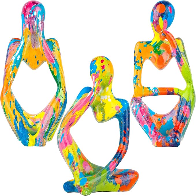 Graffiti Thinker Statue Set of 3, Colorful Abstract Resin Sculpture, Modern Pop Art Figurine for Living Room, Office & Shelf Decor
