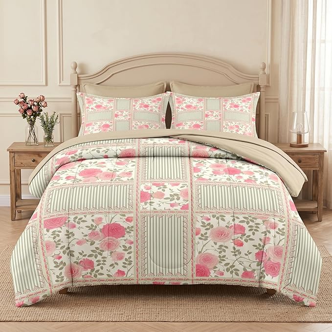 Nesker Comforter Set Queen Size, Floral Rose Leaves 7 Pcs Bedding for Kids and Adults, Shabby Chic Checkered Flower Bed Sheet Sets with Fitted Sheet 2 Pillowcases & 2 Shams