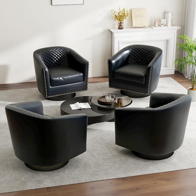 Swivel Barrel Accent Chair, Comfy Modern Upholstered Round Faux Leather Arm Chair for Living Room, Bedroom - Black, Set of 4