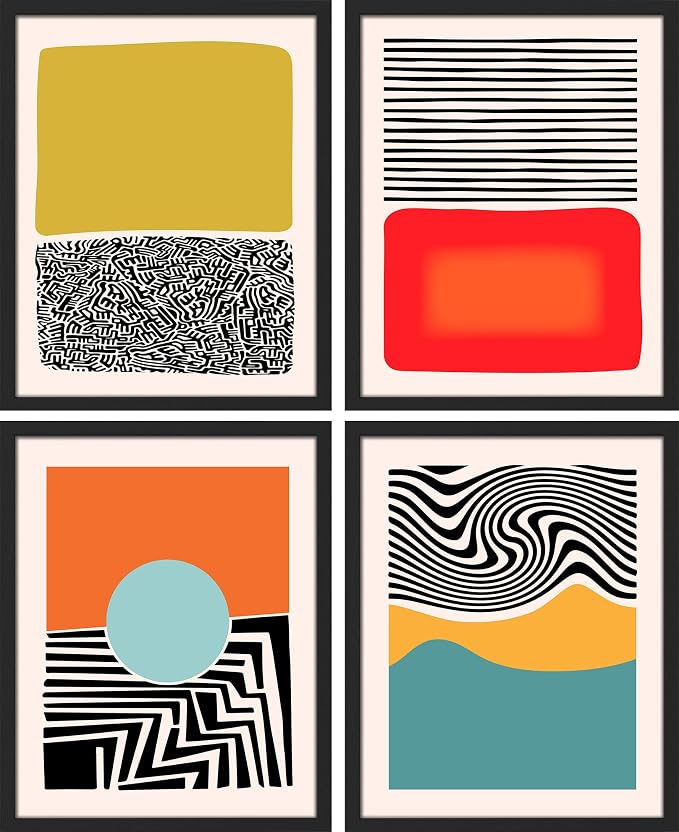 SIGNWIN Framed Mid-Century Modern 1980s Geometric Wall Art, Set of 4 Color Blocks Wall Decor Prints, Nature Wilderness Wall Décor for Living Room, Bedroom - 11"x14"Black