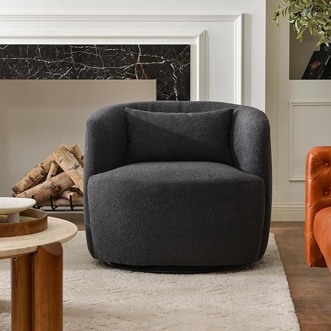 KINWELL 34" Wide Boucle Swivel Barrel Chair, No Assembly Round Upholstered Armchair Accent Chair Single Sofa Chair with Toss Pillow for Living Room and Bedroom, Dark Grey