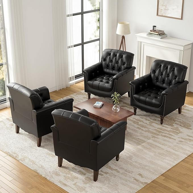 Lumibee Faux Leather Accent Chairs Set of 4, Upholstered Armchairs with Nailhead Trims & Wood Legs for Living Room, Bedroom, Contemporary Comfy Club Chairs for Office-Black
