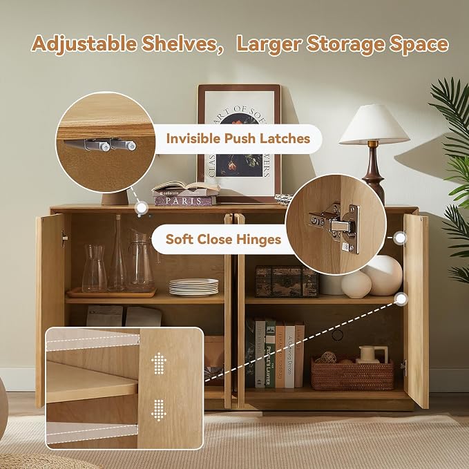 59" Sideboard Buffet Cabinet with Storage, Mid-Century Modern Sculpted Door Design Buffet Sideboard Accent Credenza with Adjustable Shelves for Living Room Kitchen Hallway (Natural)