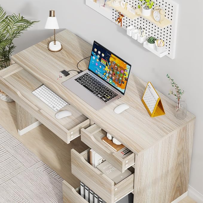 MaverickFurni Small Desk with Drawers, 52 Inch Home Office Desk with Storage for Bedroom, Computer Desk with Filing Drawer for Small Space, Light Walnut
