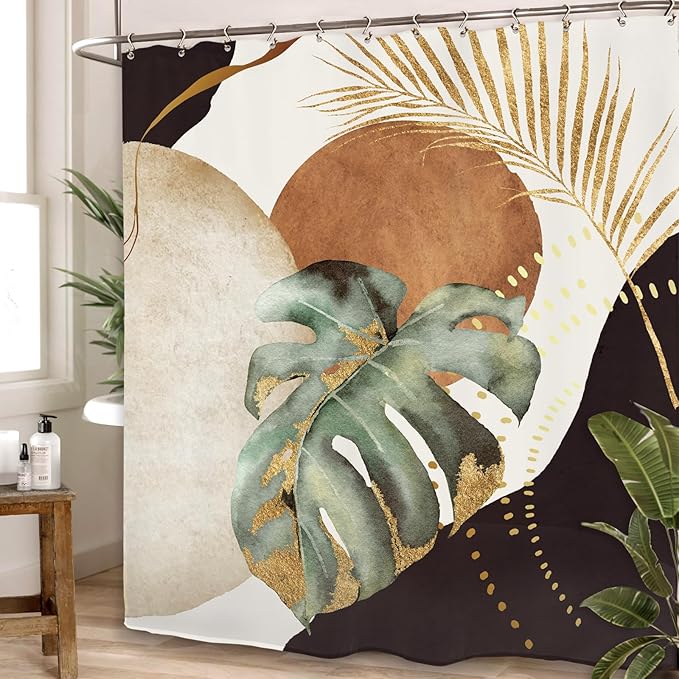 Yookeb Abstract Mid Century Bathroom Shower Curtain 60W by 71H Inch Modern Plant Neutral Minimalist Brown Leaves Aesthetic Polyester Fabric 12 Plastic Hooks Waterproof Decor