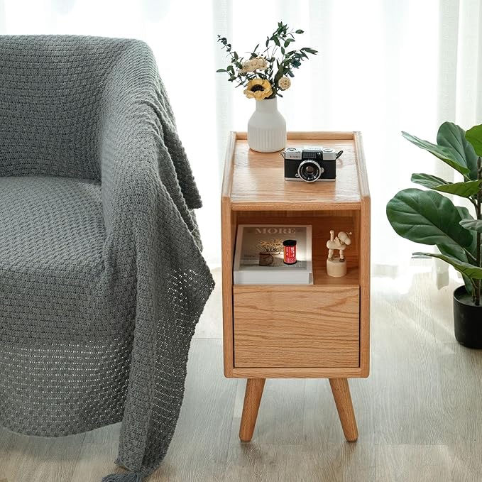 Night Stand, Solid Wood Nightsatnd with One Drawer & Open Shelf, Mid Century Modern Nightstand, Durable & Sturdy Small End Table, 11.81 W x 15.75 D x 22.05 H Inches, (Natural)