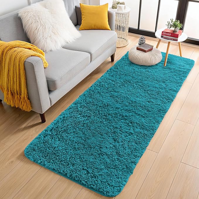 OLANLY 2x6 Machine Washable Runner Rugs for Hallway, Soft Fluffy Shaggy Bedside Rugs for Bedroom, Living Room, Indoor Floor Carpet for Kids Girls and Boys, Nursery Rooms, Home Decor Aesthetic, Teal