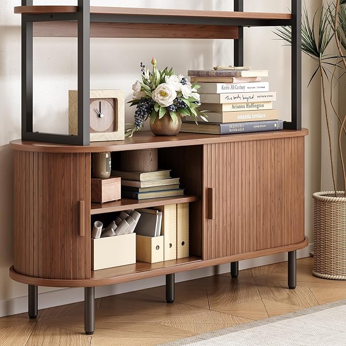 ONBRILL 71" Tall Bookshelf, 4-Tier Book Shelf with Storage Cabinet, Modern Bookcase with Sliding Door and Adjustable Footpad, Freestanding Storage Organizer Bookshelf for Living Room, Bedroom, Walnut