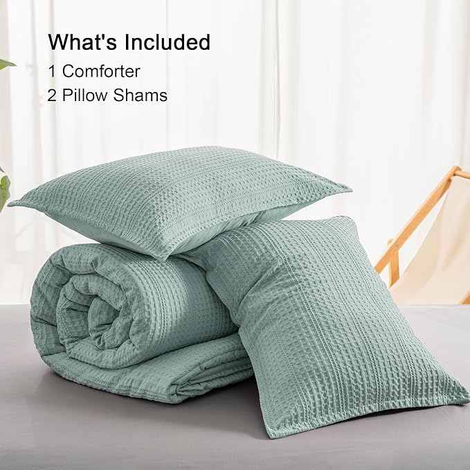 PHF Soft Waffle Comforter Set Queen Size- Comfy Breathable Waffle Weave Comforter with 2 Pillow Shams, 3 Pieces Less Snagging Lightweight Textured Bedding Set for All Season, Dusty Blue