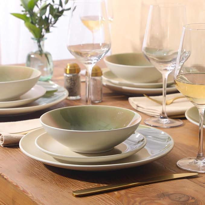Gibson Elite Crescenton Plates and Bowls Sets, 12-Piece Green Stoneware Dinnerware Sets, Round Reactive Glaze Dish Set