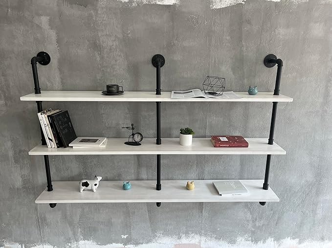 HDDFER Industrial Pipe Shelving Rustic White Pipe Wall Shelves Industrial Shelves with Wood Planks Floating Shelves 60 Inch Farmhouse Bathroom,Kitchen Shelving Wall Mounted