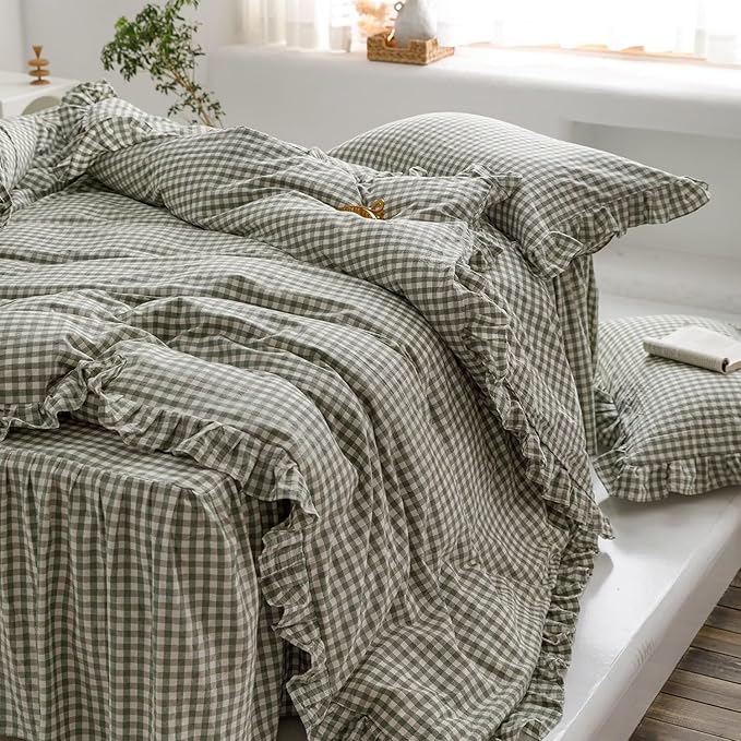 mixinni Green Gingham Ruffle Duvet Cover Twin XL Size 3 Pieces – 100% Washed Cotton, Vintage Plaid Ruffled Bedding Set with Zipper Ties, Soft Checkered Grid Farmhouse Chic Comforter Cover Set