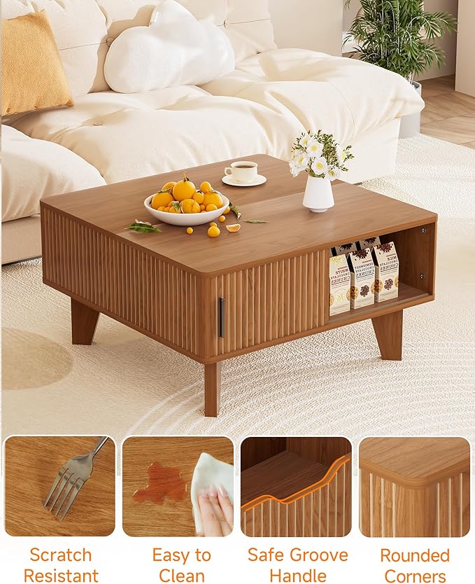 Lift Top Coffee Table with Storage, 29.7" Small Square Coffee Table for Living Room, Mid Century Modern Fluted Wood Center Table with Sliding Tambour Door, Walnut