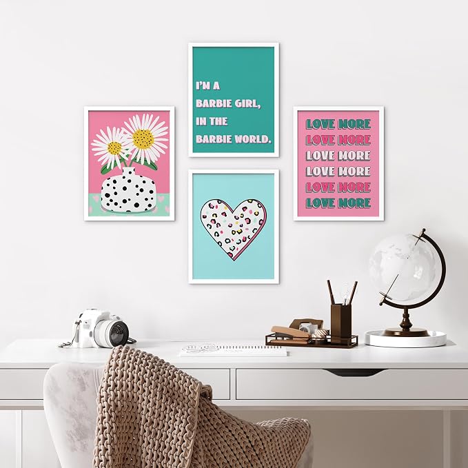 SIGNWIN Framed I'm a Barbie Girl in The Barbie World Wall Art, Set of 4 Heart, Chrysanthemum Illustration Wall Decor Prints, Preppy Room Decor Wall Décor for Living Room, Bedroom - 12"x16" White