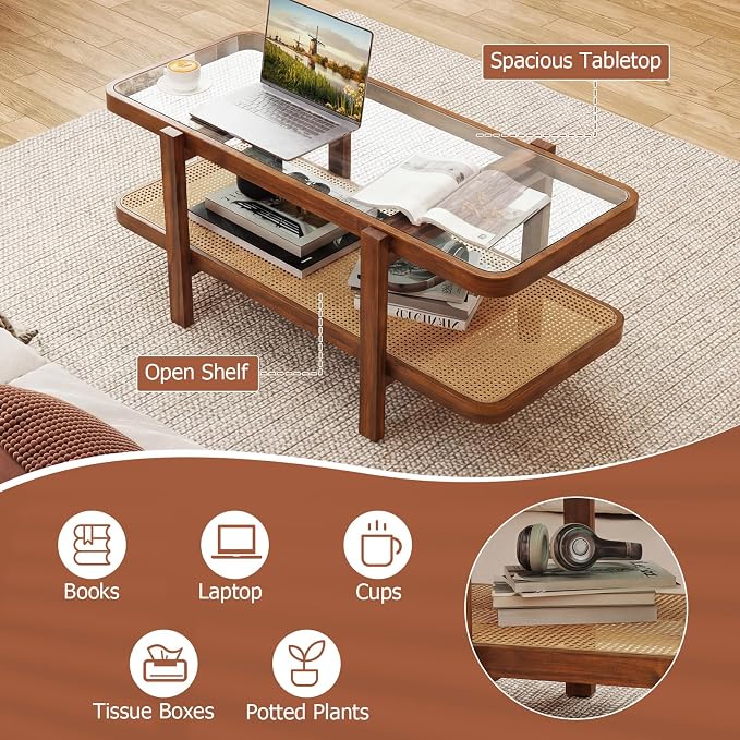 Giantex Rattan Coffee Table, 47.5" Rectangle Solid Wood Tea Table w/Tempered Glass Tabletop, Rattan Storage Shelf, 2-Tier Boho Coffee Tables, Farmhouse Center Table for Living Room (Brown)
