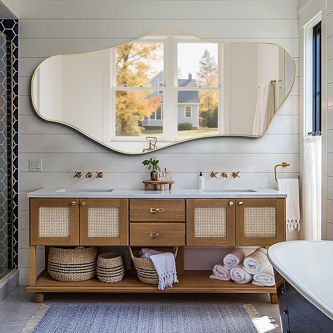Large Irregular Mirror, 63"x29" Asymmetrical Full Length Mirror with Gold Metal Frame, Unique Shaped Abstract Wall Mirrors for Living Room Dressing Bathroom Bedroom Hallway Entryway