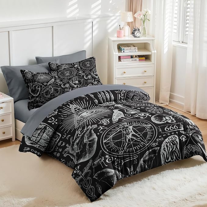 Nesker Comforter Set King Size, Vintage Halloween 7 Pcs Bedding for Kids and Adults, Mysticism Alchemy Bed Sheet Sets with Fitted Sheet 2 Pillowcases & 2 Shams
