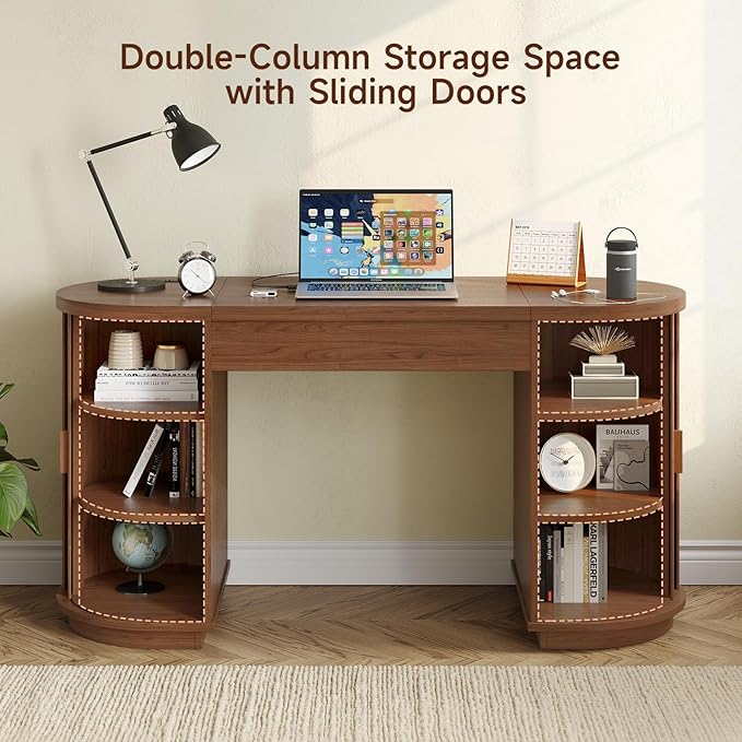 ONBRILL 59 Inches Office Desk with Lift Top, Fluted Executive Desk w/Charging Outlets, Mid-Century Modern Computer Desk with Storage, Curved Study Desk for Work/Study/Writing, Walnut